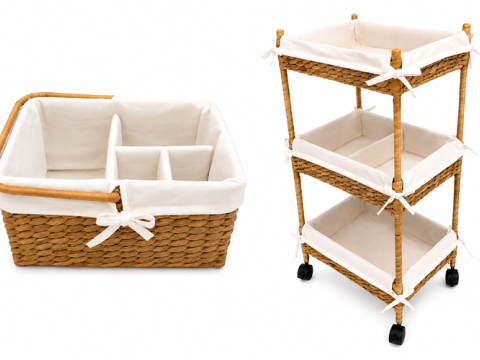 Premium Water Hyacinth 3-Tier Rolling Storage Cart and Diaper Caddy Set